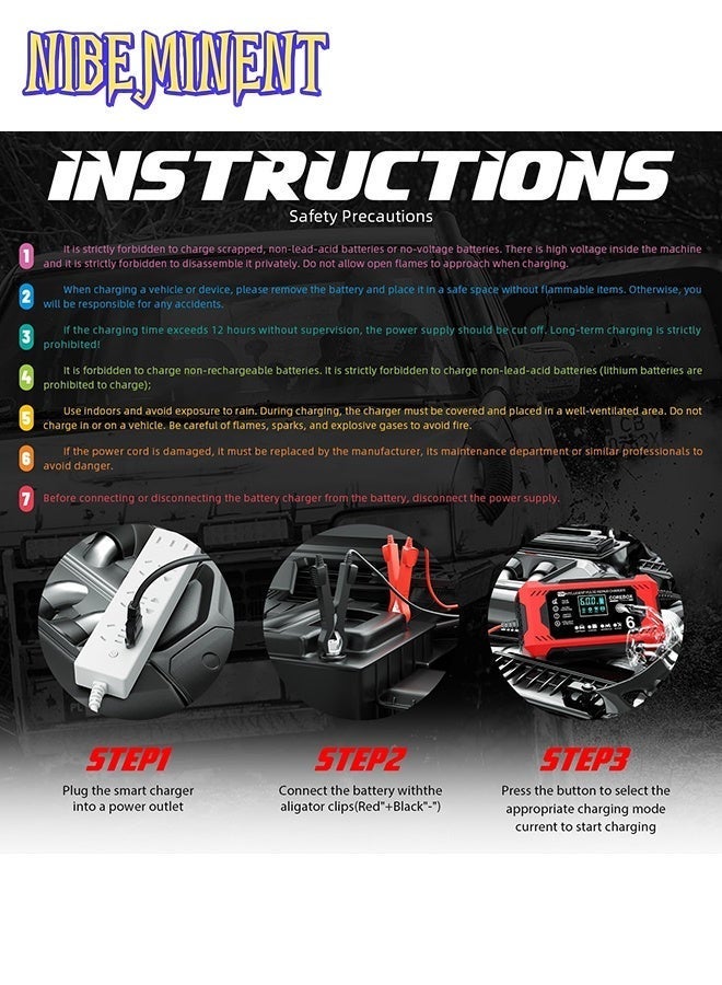 NIBEMINENT شاحن بطارية ذكي 12 فولت 6 أمبير مع شاشة LCD، شاحن سريع/تدريجي 12 فولت 6 أمبير، حماية من الشحن الزائد/السخونة الزائدة/الدوائر القصيرة/القطبية العكسية، وضع تشغيل تلقائي، تحكم بواسطة معالج دقيق، متوافق مع AGM/GEL/SLA/Wet/EFB، سعة 4-100Ah، قابس المملكة المتحدة (110-240 فولت) للشاحنات، الدراجات النارية، جزازات العشب، البحرية، RV، القوارب، أنظمة الطاقة الشمسية - شاحن بطارية ثقيل، شاحن سيارة، شاحن ذكي - Image 5